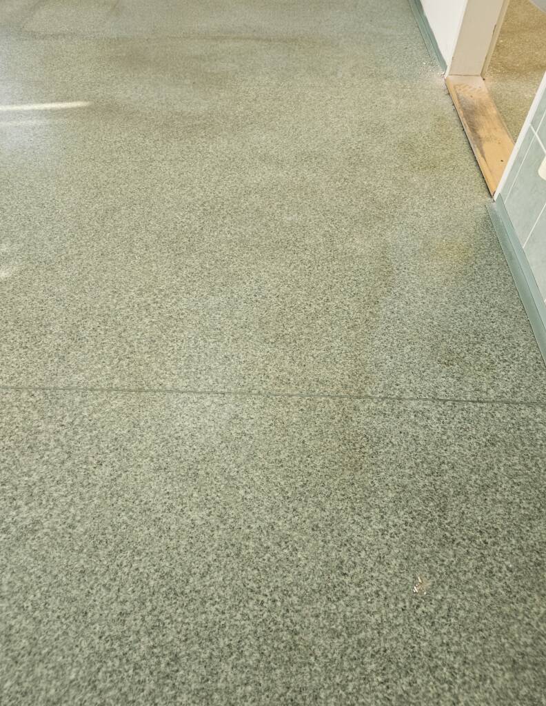 Opotrebovaná elastická podlaha v prevádzke, ktorá sa už ťažko udržiava čistá – stav pred renováciou